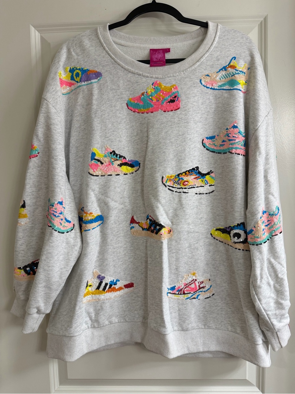 QUEEN OF SPARKLES Gray Sweatshirt with Multicolor Sneaker Embroidery